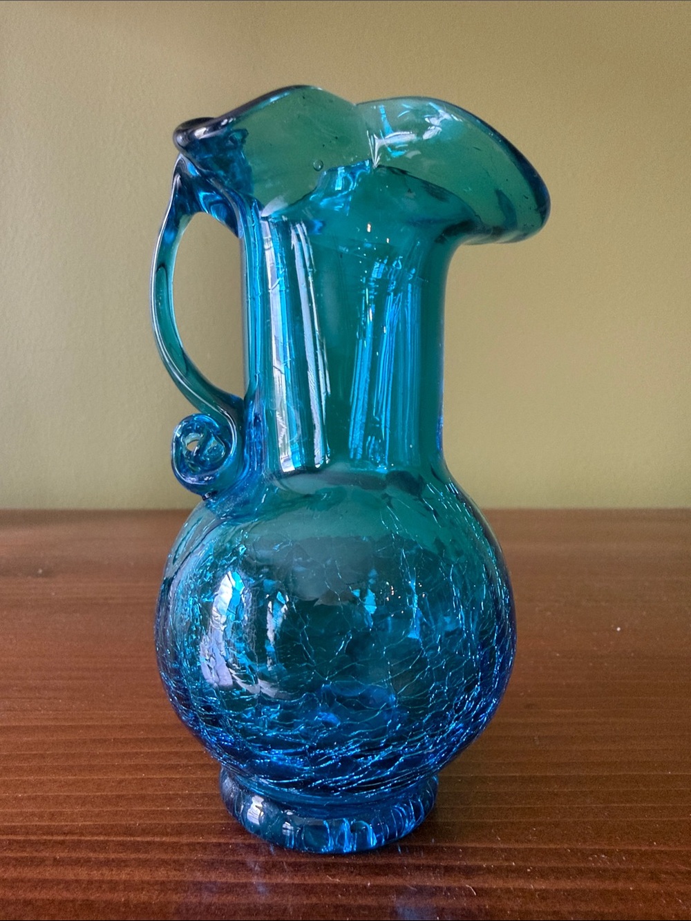 Decorative Teal Blue Crackle Glass Pitcher